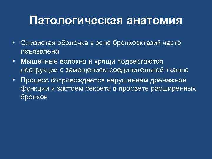 Патологическая анатомия • Слизистая оболочка в зоне бронхоэктазий часто изъязвлена • Мышечные волокна и