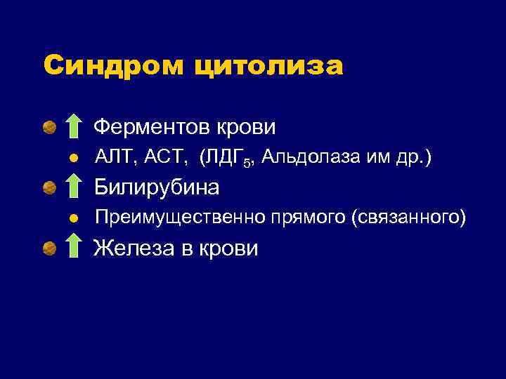 Синдром цитолиза Ферментов крови l АЛТ, АСТ, (ЛДГ 5, Альдолаза им др. ) Билирубина