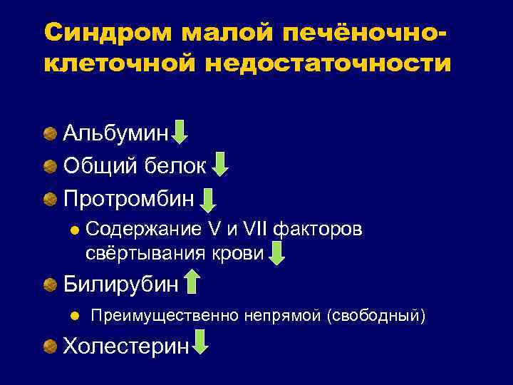 Синдром малой печёночноклеточной недостаточности Альбумин Общий белок Протромбин l Содержание V и VII факторов