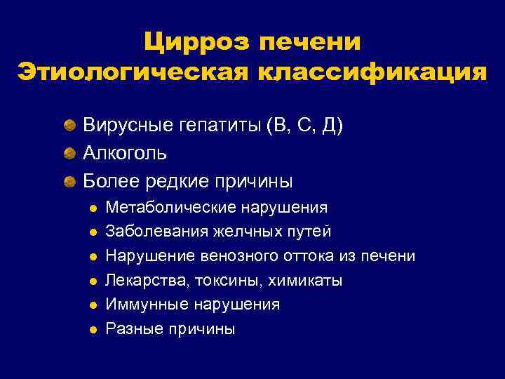 Цирроз печени Этиологическая классификация Вирусные гепатиты (В, С, Д) Алкоголь Более редкие причины l