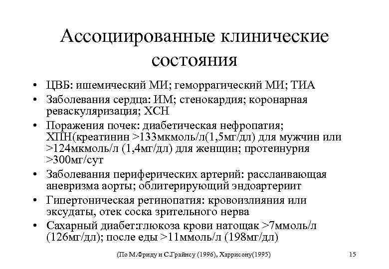 Ассоциированные клинические состояния • ЦВБ: ишемический МИ; геморрагический МИ; ТИА • Заболевания сердца: ИМ;