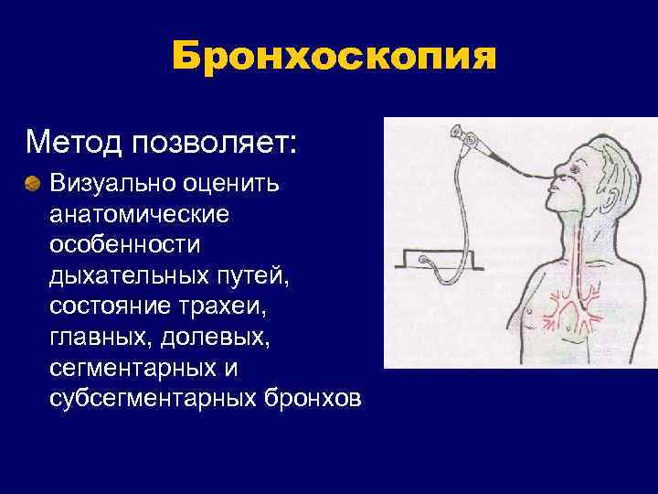 Бронхоскопия Метод позволяет: Визуально оценить анатомические особенности дыхательных путей, состояние трахеи, главных, долевых, сегментарных