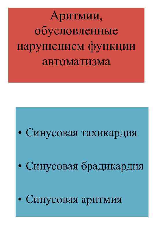 Аритмии, обусловленные нарушением функции автоматизма • Синусовая тахикардия • Синусовая брадикардия • Синусовая аритмия