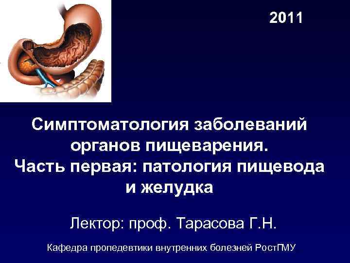 2011 Симптоматология заболеваний органов пищеварения. Часть первая: патология пищевода и желудка Лектор: проф. Тарасова