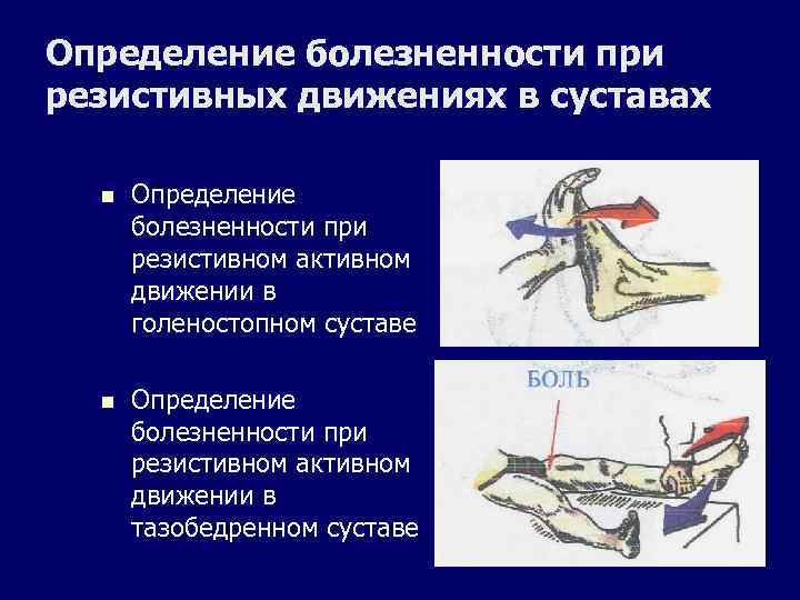 Определение болезненности при резистивных движениях в суставах n Определение болезненности при резистивном активном движении