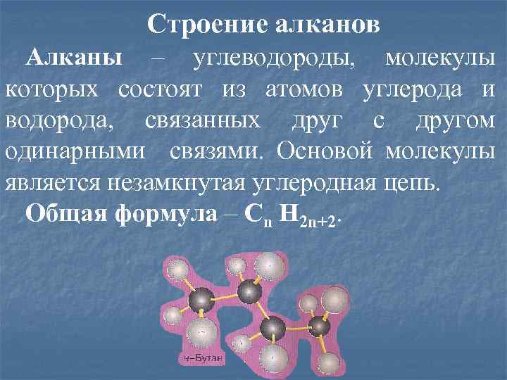 Строение алканов Алканы – углеводороды, молекулы которых состоят из атомов углерода и водорода, связанных