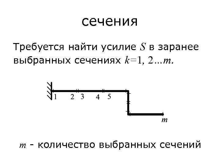 сечения Требуется найти усилие S в заранее выбранных сечениях k=1, 2…m. m - количество