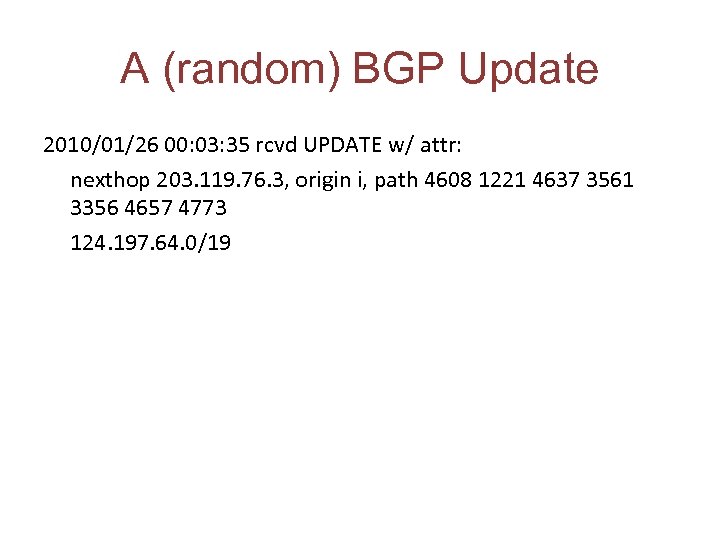 A (random) BGP Update 2010/01/26 00: 03: 35 rcvd UPDATE w/ attr: nexthop 203.