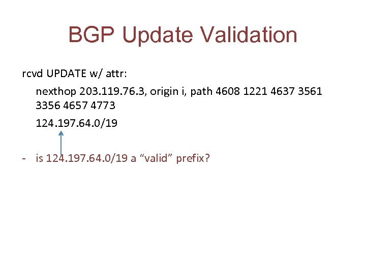 BGP Update Validation rcvd UPDATE w/ attr: nexthop 203. 119. 76. 3, origin i,