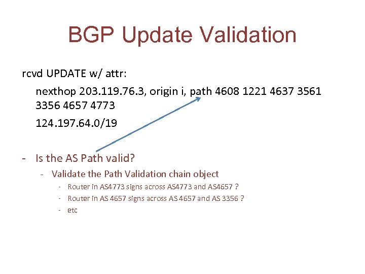 BGP Update Validation rcvd UPDATE w/ attr: nexthop 203. 119. 76. 3, origin i,