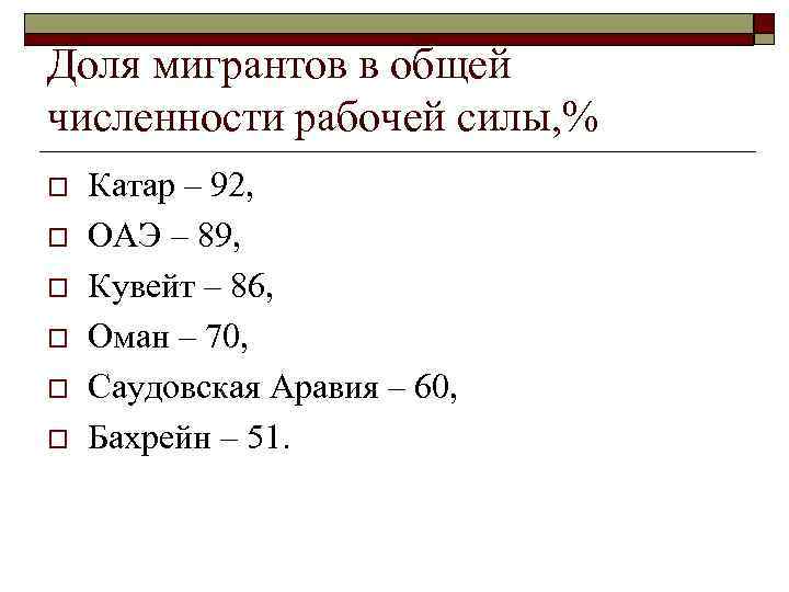 Доля мигрантов в общей численности рабочей силы, % o o o Катар – 92,