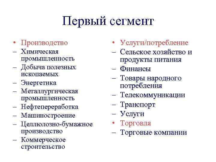 Первый сегмент • Производство – Химическая промышленность – Добыча полезных ископаемых – Энергетика –