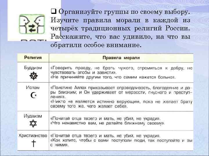 q Организуйте группы по своему выбору. Изучите правила морали в каждой из четырёх традиционных