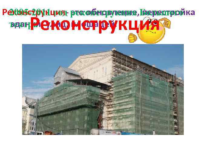 Реконструкция- это обновление, перестройка 2005 -2011 год реконструкция Большого зданий, улиц, площадей. театра Реконструкция