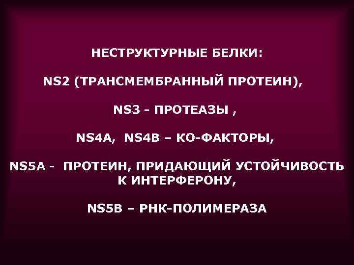 НЕСТРУКТУРНЫЕ БЕЛКИ: NS 2 (ТРАНСМЕМБРАННЫЙ ПРОТЕИН), NS 3 - ПРОТЕАЗЫ , NS 4 А,