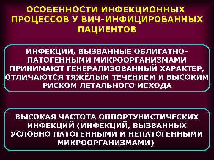 ОСОБЕННОСТИ ИНФЕКЦИОННЫХ ПРОЦЕССОВ У ВИЧ-ИНФИЦИРОВАННЫХ ПАЦИЕНТОВ ИНФЕКЦИИ, ВЫЗВАННЫЕ ОБЛИГАТНОПАТОГЕННЫМИ МИКРООРГАНИЗМАМИ ПРИНИМАЮТ ГЕНЕРАЛИЗОВАННЫЙ ХАРАКТЕР, ОТЛИЧАЮТСЯ