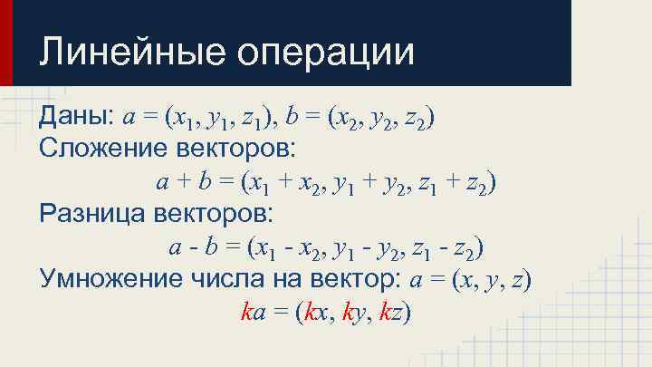 Линейные операции Даны: a = (x 1, y 1, z 1), b = (x