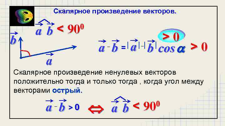 Скалярное произведение векторов. b < 900 ab a >0 a b = a b