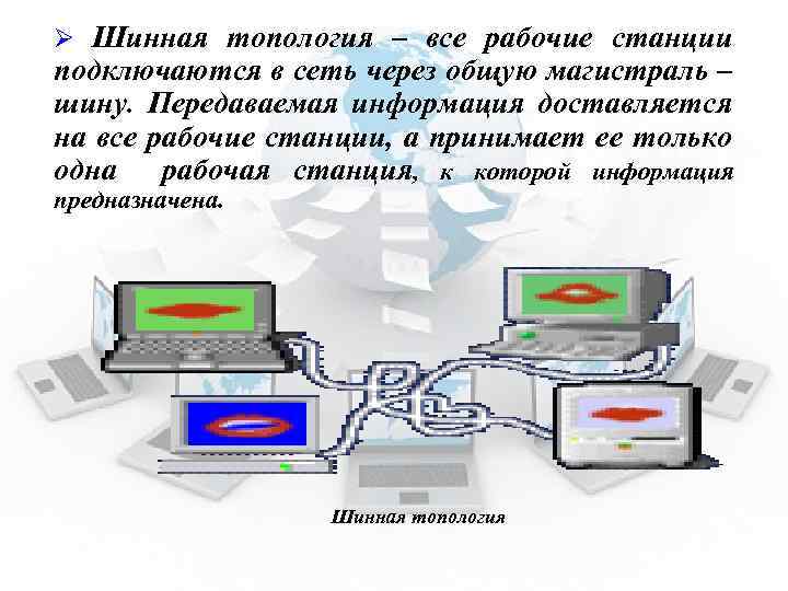 Ø Шинная топология – все рабочие станции подключаются в сеть через общую магистраль –