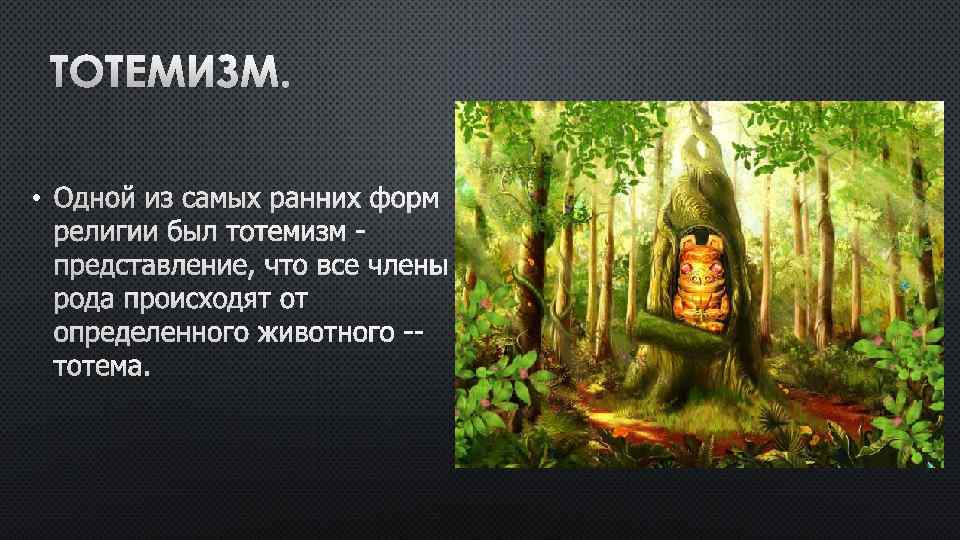 ТОТЕМИЗМ. • ОДНОЙ ИЗ САМЫХ РАННИХ ФОРМ РЕЛИГИИ БЫЛ ТОТЕМИЗМ ПРЕДСТАВЛЕНИЕ, ЧТО ВСЕ ЧЛЕНЫ