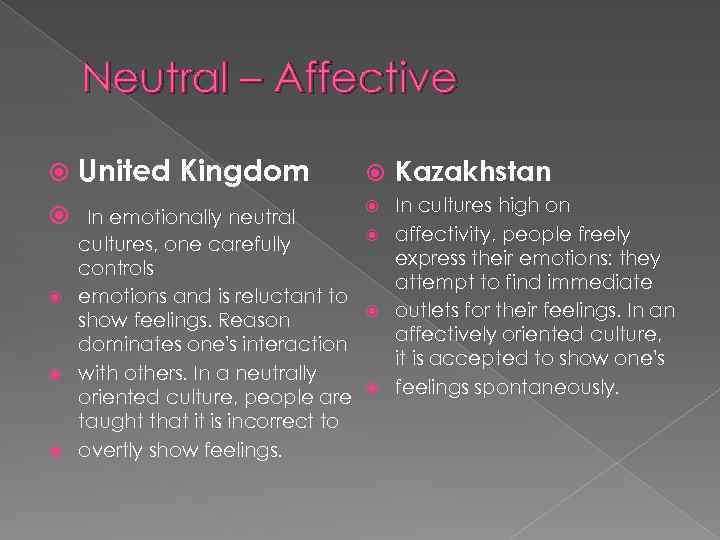 Neutral – Affective United Kingdom Kazakhstan In cultures high on In emotionally neutral affectivity,