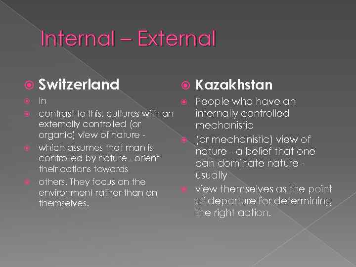 Internal – External Switzerland Kazakhstan In People who have an contrast to this, cultures