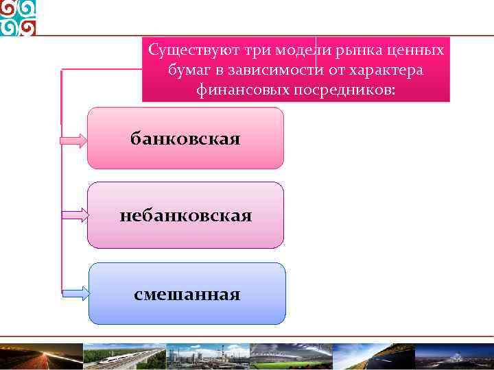 Существуют три модели рынка ценных бумаг в зависимости от характера финансовых посредников: банковская небанковская