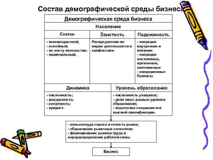 Состав демографической среды бизнеса Демографическая среда бизнеса Население Состав Занятость - половозрастной; - семейный;