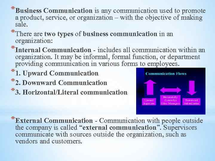 *Business Communication is any communication used to promote a product, service, or organization –