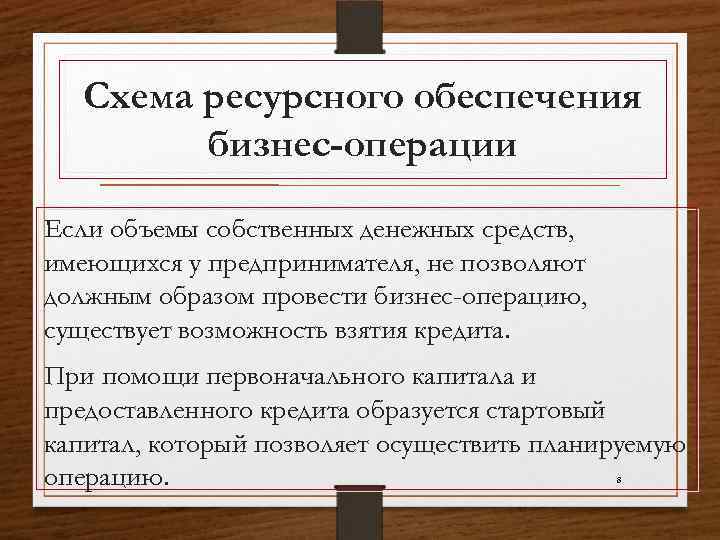 Схема ресурсного обеспечения бизнес-операции Если объемы собственных денежных средств, имеющихся у предпринимателя, не позволяют
