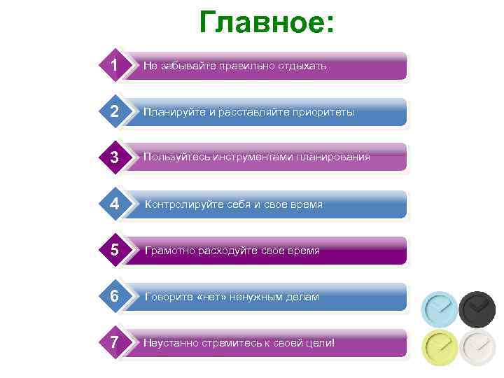 Главное: 1 Не забывайте правильно отдыхать 2 Планируйте и расставляйте приоритеты 3 Пользуйтесь инструментами