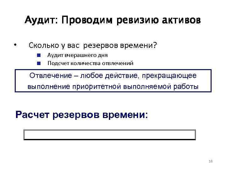 Аудит: Проводим ревизию активов • Сколько у вас резервов времени? Аудит вчерашнего дня Подсчет