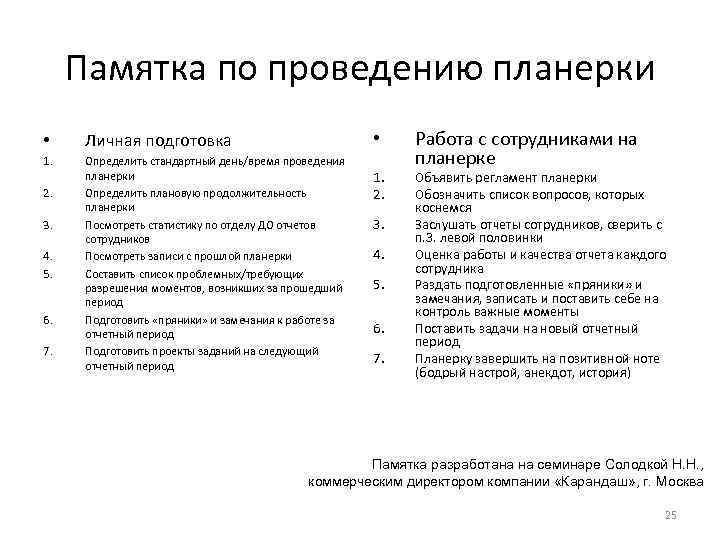 Памятка по проведению планерки • • Личная подготовка 1. Определить стандартный день/время проведения планерки