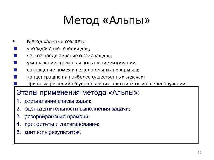 Метод «Альпы» создает: упорядочение течения дня; четкое представление о задачах дня; уменьшение стрессов и