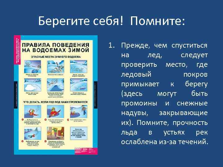 Берегите себя! Помните: 1. Прежде, чем спуститься на лед, следует проверить место, где ледовый
