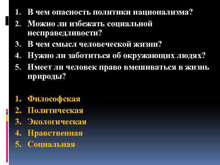 1. В чем опасность политики национализма? 2. Можно ли избежать социальной несправедливости? 3. В