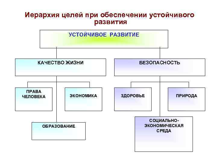 Иерархия целей при обеспечении устойчивого развития УСТОЙЧИВОЕ РАЗВИТИЕ КАЧЕСТВО ЖИЗНИ ПРАВА ЧЕЛОВЕКА ЭКОНОМИКА ОБРАЗОВАНИЕ