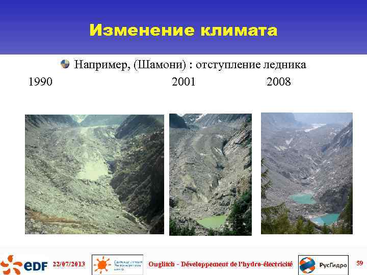 Изменение климата Например, (Шамони) : отступление ледника 1990 2001 2008 22/07/2013 Ouglitch - Développement