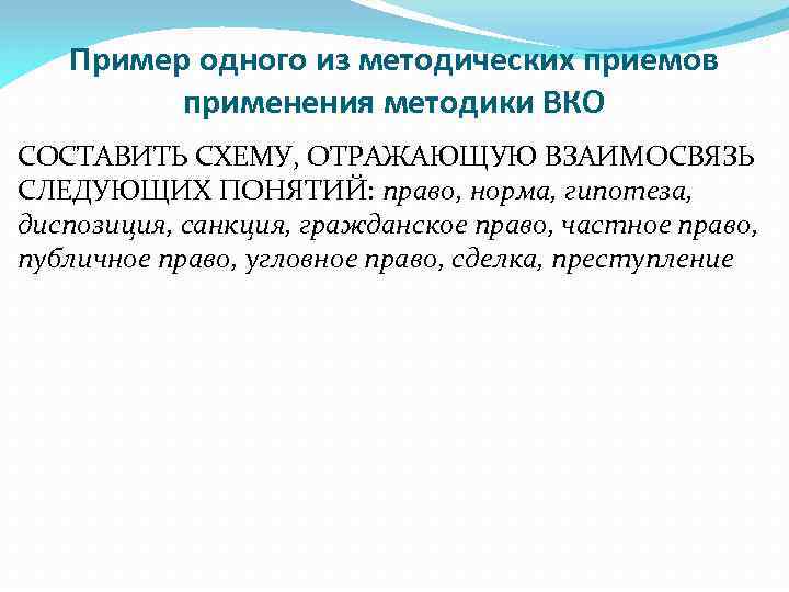 Пример одного из методических приемов применения методики ВКО СОСТАВИТЬ СХЕМУ, ОТРАЖАЮЩУЮ ВЗАИМОСВЯЗЬ СЛЕДУЮЩИХ ПОНЯТИЙ: