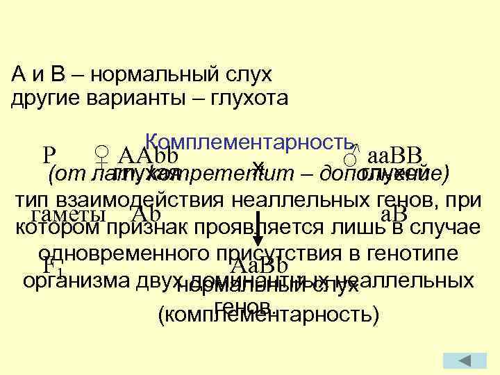 A и B – нормальный слух другие варианты – глухота Комплементарность P ♀ AAbb