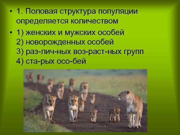  • 1. Половая структура популяции определяется количеством • 1) женских и мужских особей