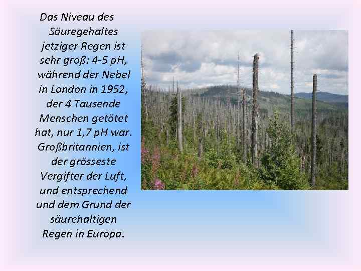 Das Niveau des Säuregehaltes jetziger Regen ist sehr groß: 4 -5 p. H, während