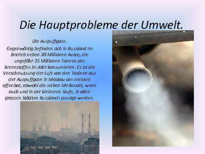 Die Hauptprobleme der Umwelt. Die Auspuffgase. Gegenwärtig befinden sich in Russland im Betrieb neben