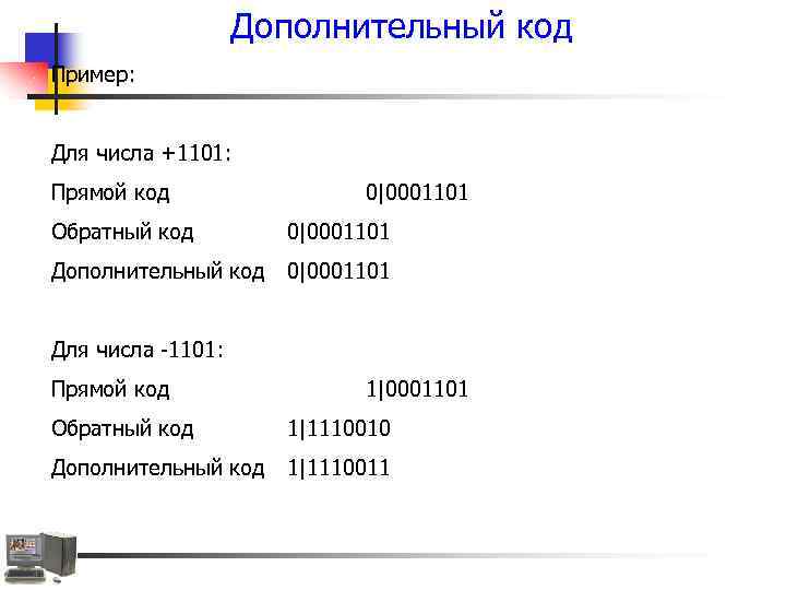 Дополнительный код Пример: Для числа +1101: Прямой код 0|0001101 Обратный код 0|0001101 Дополнительный код