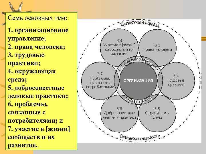 Семь основных тем: 1. организационное управление; 2. права человека; 3. трудовые практики; 4. окружающая