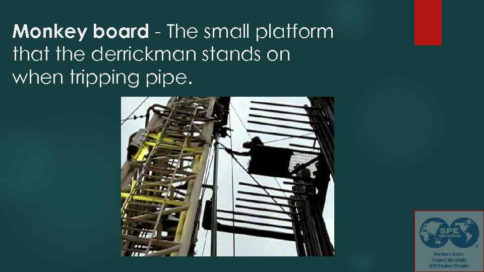 Monkey board - The small platform that the derrickman stands on when tripping pipe.