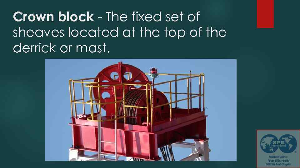 Crown block - The fixed set of sheaves located at the top of the