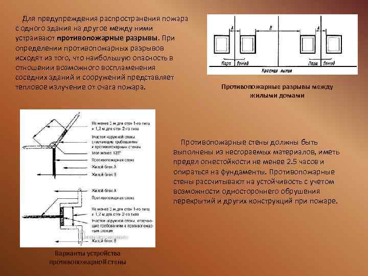 Для предупреждения распространения пожара с одного здания на другое между ними устраивают противопожарные разрывы.