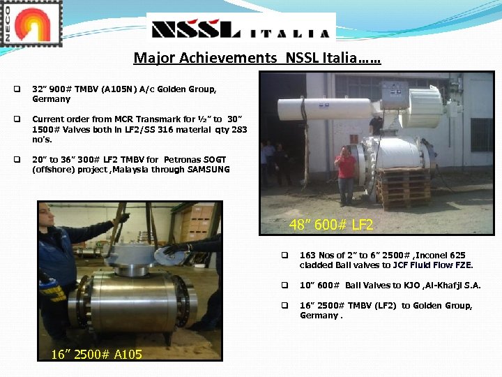 Major Achievements NSSL Italia…… q 32” 900# TMBV (A 105 N) A/c Golden Group,