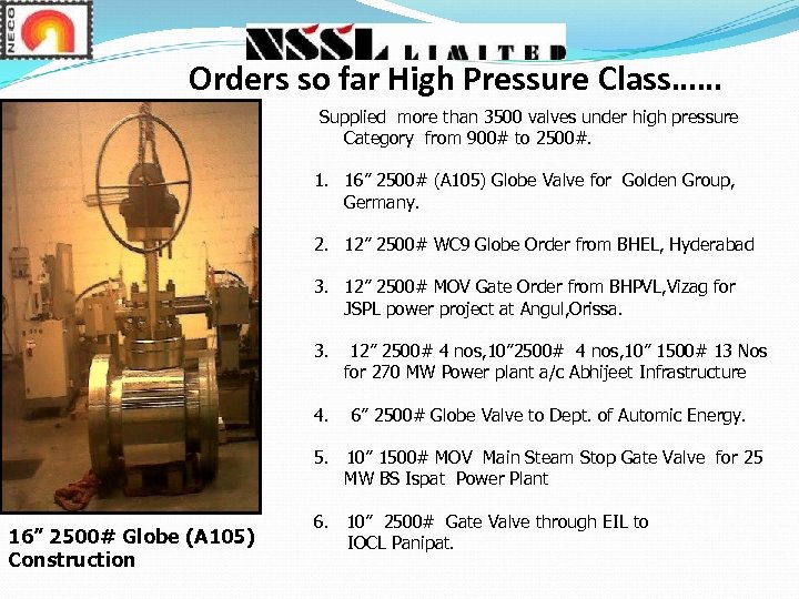 Orders so far High Pressure Class…… Supplied more than 3500 valves under high pressure